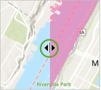 A beige and pink map of Riverside Park with 2 left and right black arrows in the middle