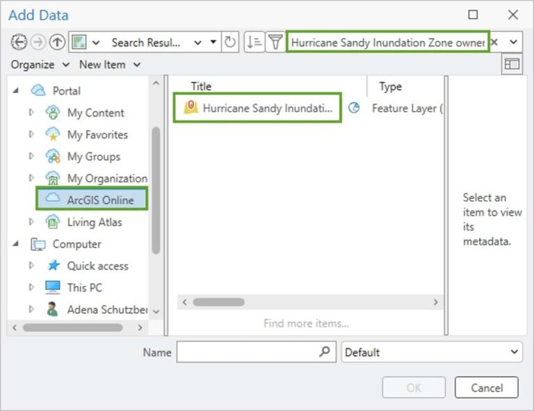The words Hurricane Sandy Inundation Zone highlighted in green in a whit search box