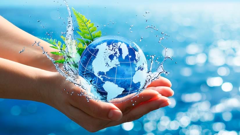 Hands holding a blue globe with water splashing