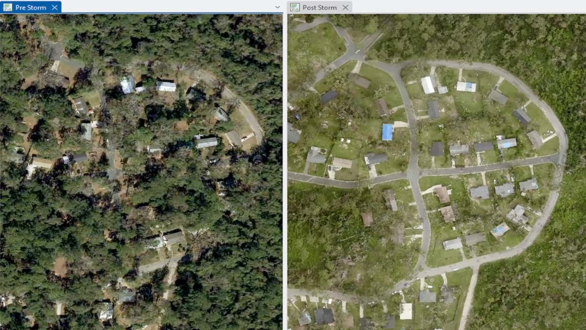 Side-by-side aerial photos showing residential area before storm with dense tree cover and after storm with significant tree loss.