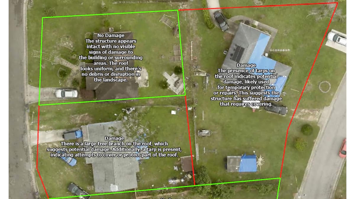 Aerial photo with color-coded damage assessment overlay showing green "no damage" and red "damage" zones with detailed AI-generated descriptions. Character Counts: Caption: 249 characters ✓ Alt Text: 130 characters ✓ RetryClaude can make mistakes. Please double-check responses.
