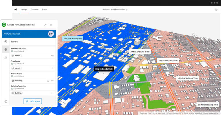 Screenshot of a map of the Redlands mall with a floodplain indicated in blue and various points labeled with walking times from the mall.