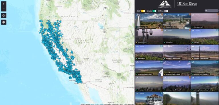 On the left, a map of the state of California is covered in small blue arrows. On the right, a grid of multiple images displays camera feeds associated with each arrow.
