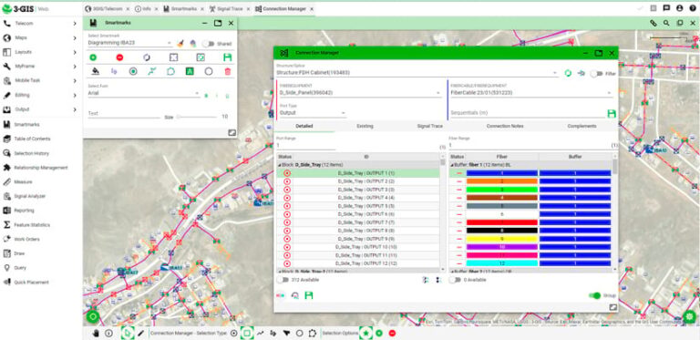A map of a road network displays multicolored lines indicating the status of the fiber network. Superimposed on the map is a popup giving more information on each location.