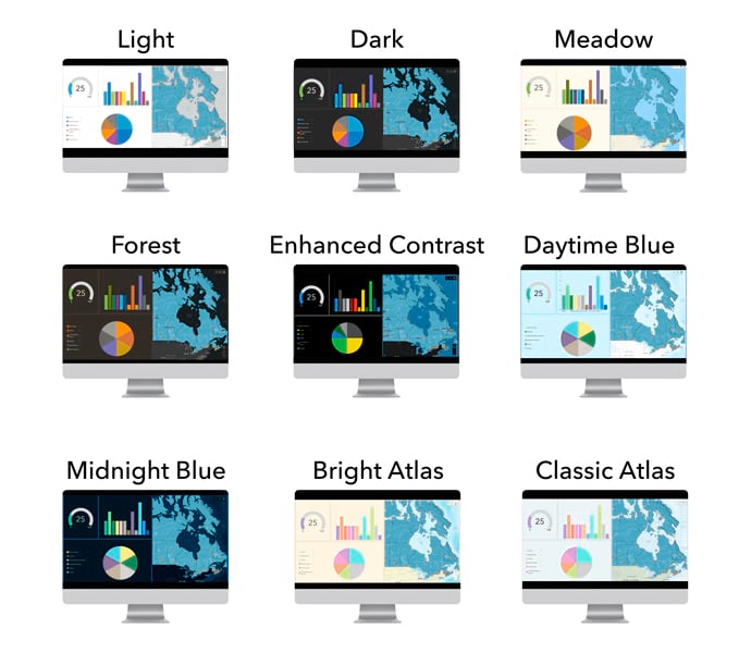 A graphic displaying nine theme options, each with different colors and basemaps, labeled with the name of each option.