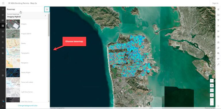 Screenshot of the process of selecting a layer in ArcGIS Dashboards.