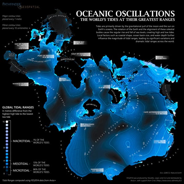 Map titled “Oceanic Oscillations: The World’s Tides at Their Greatest Ranges.” The maps is black, with a continuous, interconnected blue representing the world’s ocean’s as the central feature, and landmasses de-emphasized around the edges. A key on the lefthand side titled “Global Tidal Ranges” indicates that different shades of blue represent different tidal ranges, with the lightest being the greatest ranges.