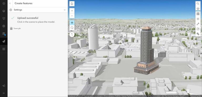 Screenshot of a web scene in which a 3D model has just been placed. The model is of a high-rise building and is surrounded by other, less detailed models. A pane on the left reads “Upload successful.”