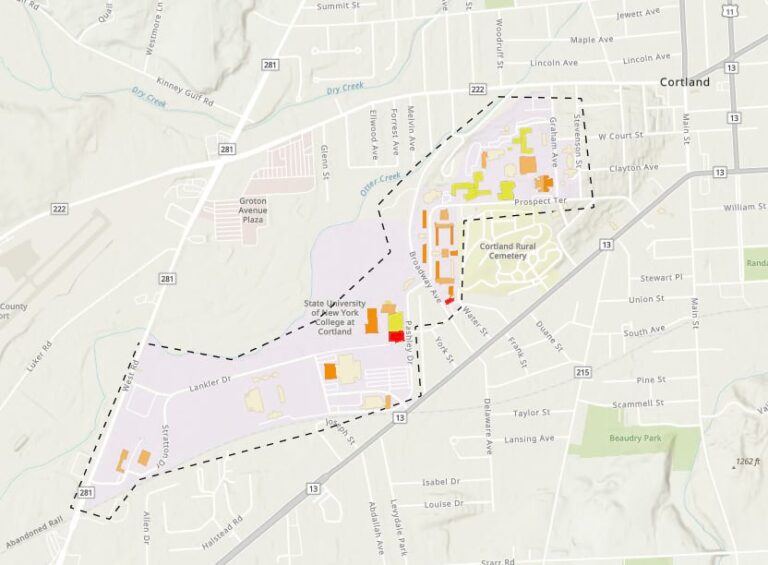 Screenshot of a map of the entire SUNY Cortland campus outlined in a dotted line. All campus buildings are colored various shades of yellow or orange, indicating warranty coverage status.