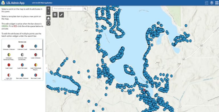 Screenshot of a map covered in blue circles. A legend to the left of the map indicates that these circles indicate service lines that do not contain lead, with only a few red circles indicating the presence of lead.