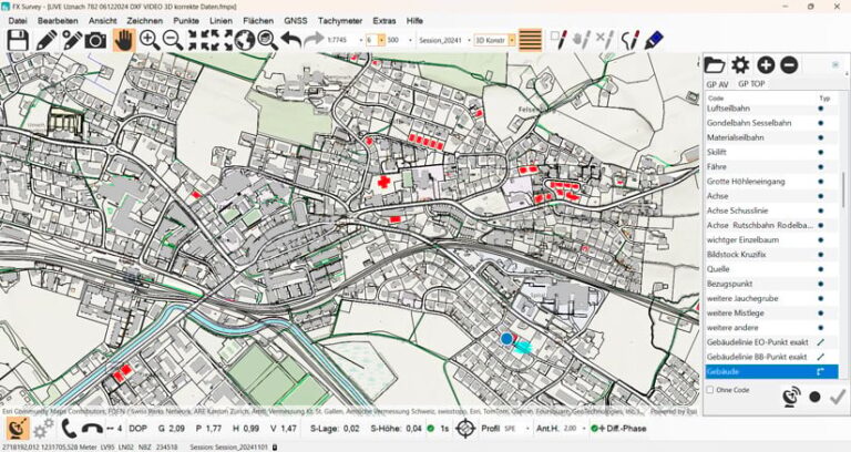 CAD map of a city with various properties highlighted red.