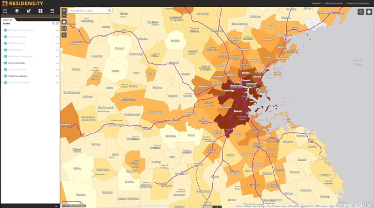 A map of the Boston area with segments colored various shades of orange and red. The colors get darker closer to Boston proper.