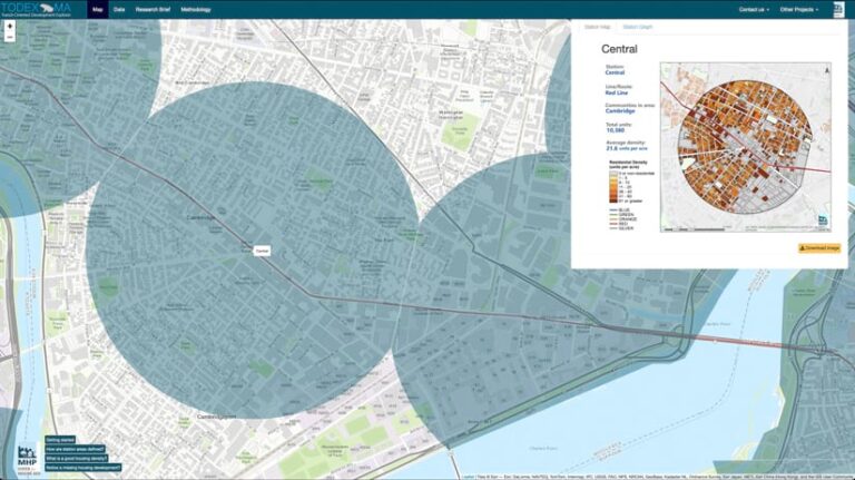 A map of the Boston area with large blue circles spreading outward from points along a red line indicating distance from transit stations.