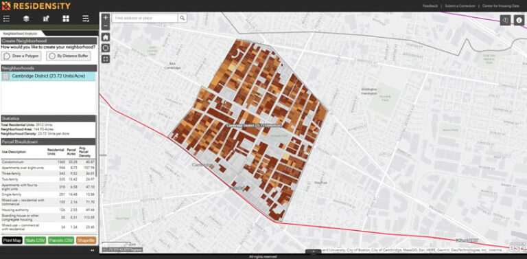 Map of a neighborhood with various units colored different shades of red and orange, indicating housing types and density.