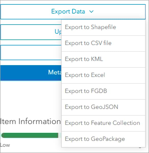 Screenshot of the Export Data drop-down menu in ArcGIS Online.