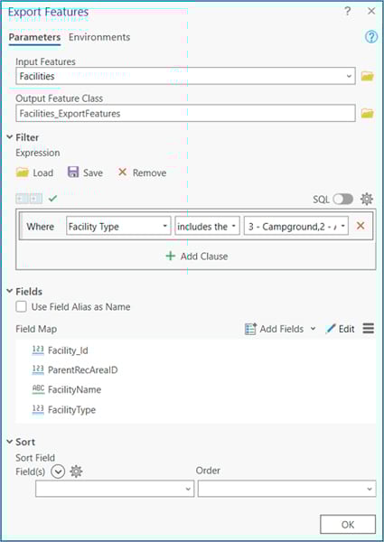 Screenshot of the Export Features Parameters pane, with options such as Input Features and Output Feature Class.