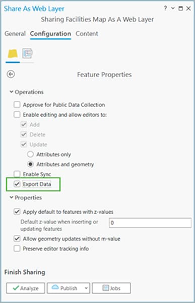 Screenshot of Share As Web Layer Configuration pane, with the Export Data checkbox highlighted in a green box.