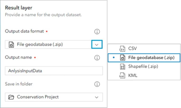 Screenshot of the Result layer pane for the Extract Data tool, including the options Output data format, Output name, and Save in folder.