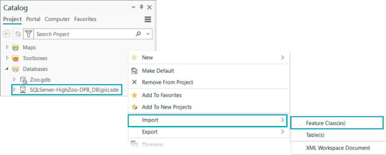 Screenshot of three separate panes in ArcGIS Pro outline the path to importing a feature class. The first pane is labeled Catalog. On the second pane, Import is highlighted. On the third pane, Feature Class(es) is highlighted.