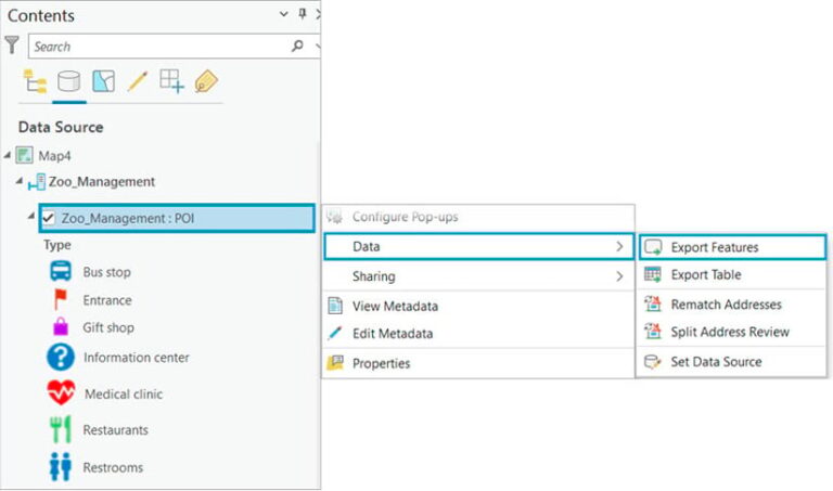 Screenshot of three separate panes in ArcGIS Pro outline the path Export Featuress. The first pane is labeled Contents. On the second pane, Data is highlighted. On the third pane, Export Features is highlighted.