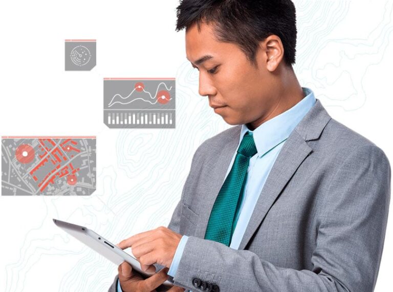 Photo of a man holding a tablet, with a topographical design in the background and various abstract representations of maps floating above the tablet.