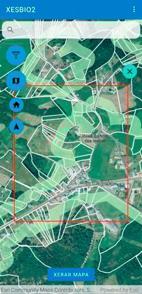 A screenshot of a mobile app displays an overhead view of vegetation with a red rectangle outlining an area in the center of the field of view.