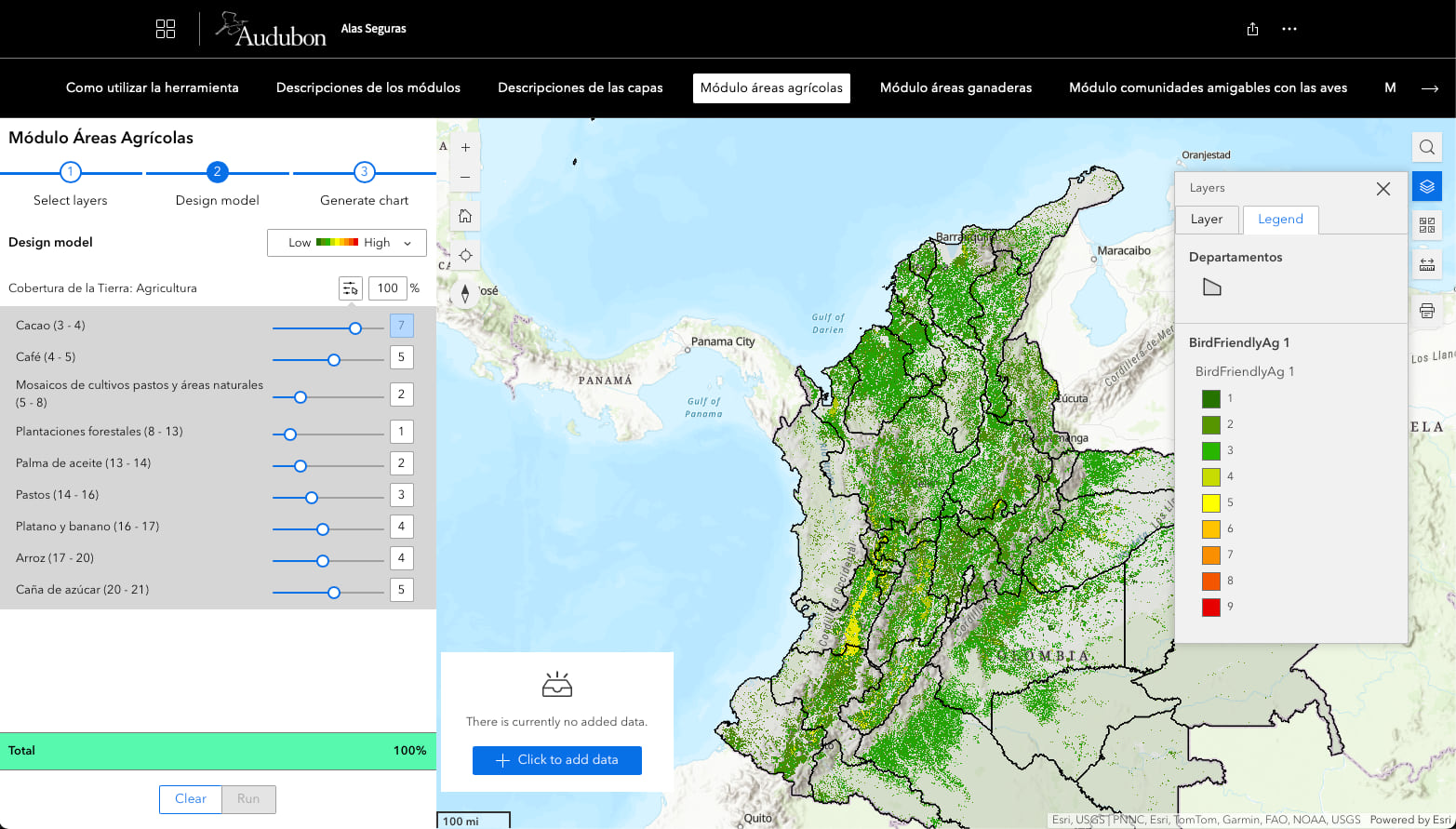 Screenshot of Alas Seguras agricultural module interface showing Colombia map with selectable data layers including carbon benefits, bird habitat indices, and landscape connectivity options.