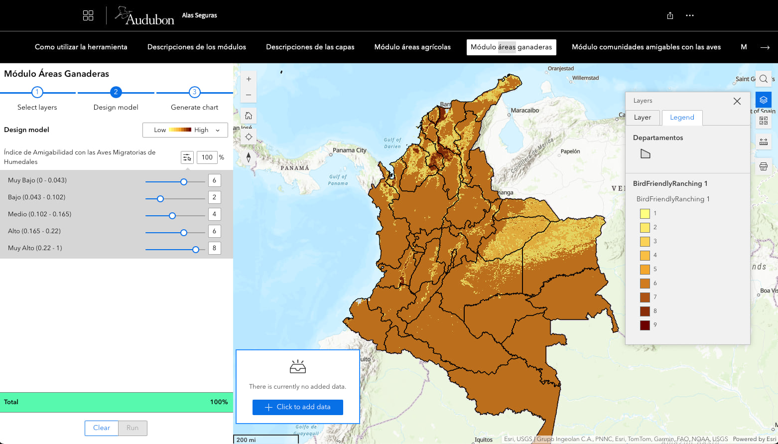 Screenshot of Alas Seguras ranching module showing Colombia colored in brown and yellow gradients indicating bird-friendly ranching opportunities, with adjustment sliders on the left side.