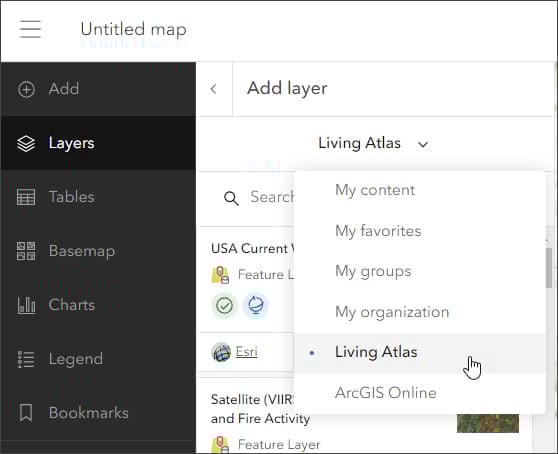 A snippet of Map Viewer with the Living Atlas layer selected
