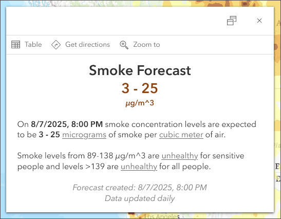 The words smoke forecast in black text above a paragraph of data