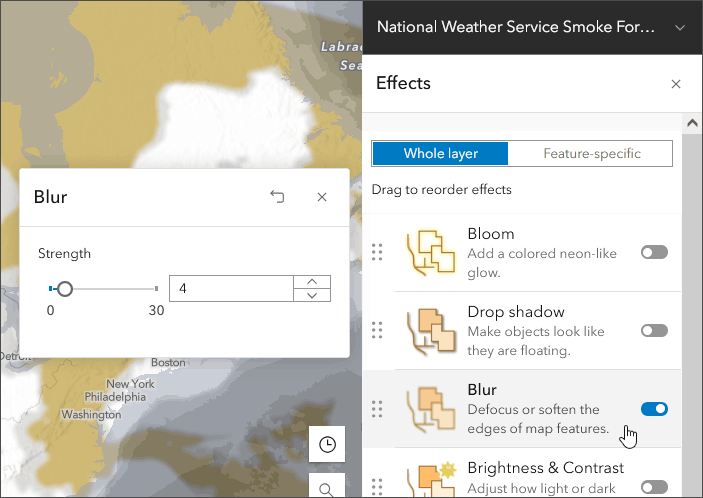 The blur tool opened in Map Viewer next to the effects panel