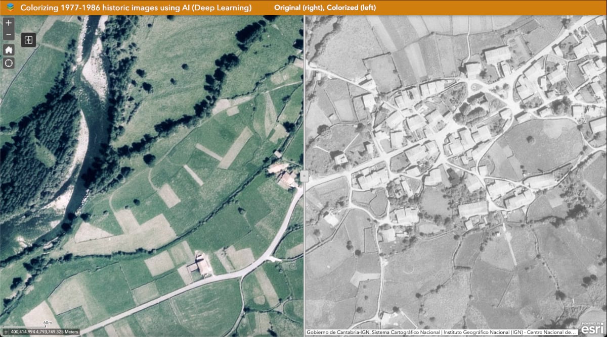 Side-by-side comparison of AI-colorized 1977-86 aerial imagery (left) versus original black-and-white photo (right)