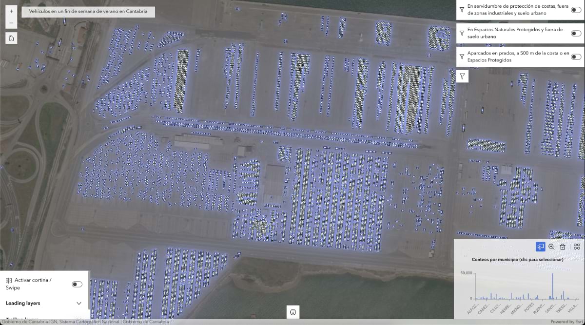 Overhead map showing dense clusters of AI-detected vehicles marked as blue dots in urban parking areas and roadways