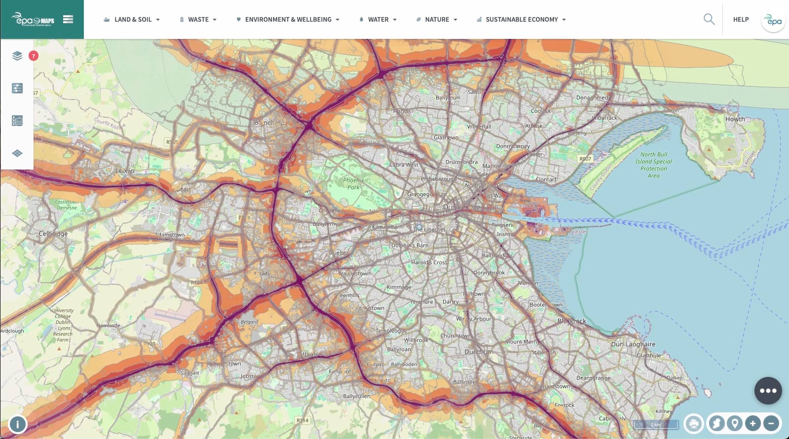 The Irish Environmental Protection Agency provides a noise map of the country, here pictured are all noise sources in Dublin.