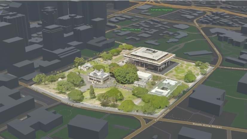 A 3D rendering of a building campus with several buildings and scattered green trees