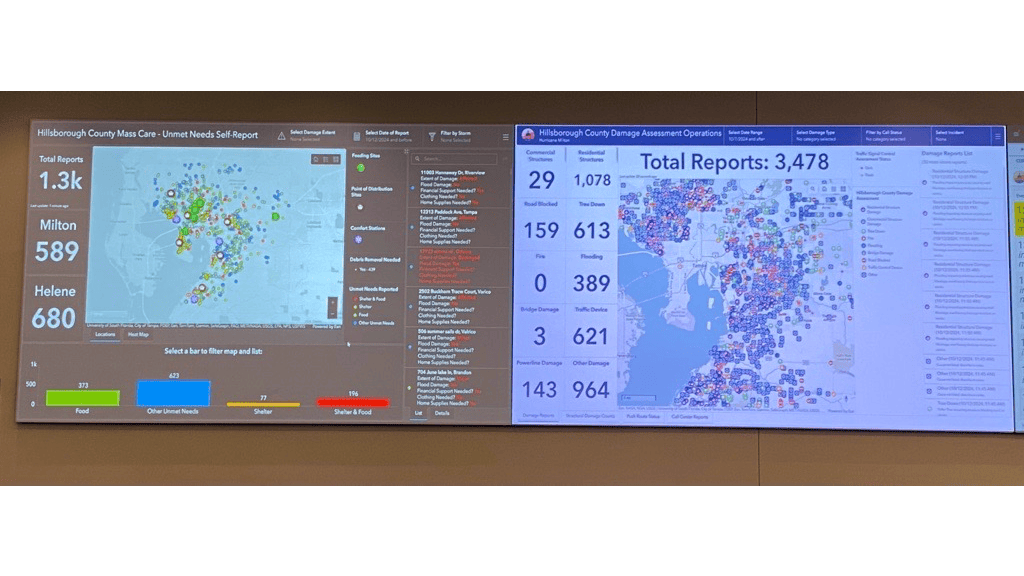 Inside Hillsborough County's Emergency Operations Center, dashboard displays track response and recovery efforts.