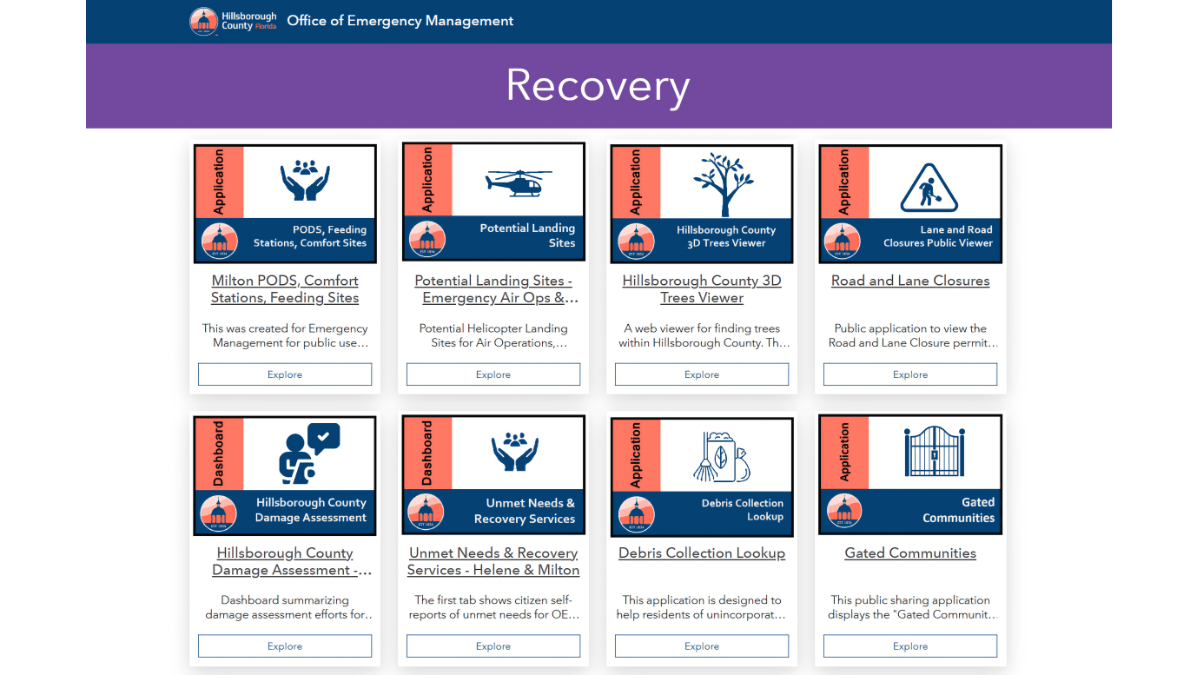 Recovery tools dashboard showing eight applications including damage assessment, helicopter landing sites, debris collection lookup, and gated communities mapping tools.