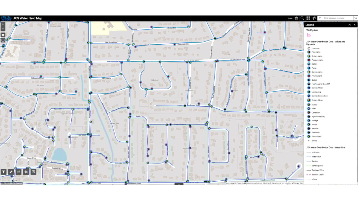 Digital map of JXN Water's utility network showing water infrastructure assets and connections across Jackson's downtown area with various colored symbols representing different components.