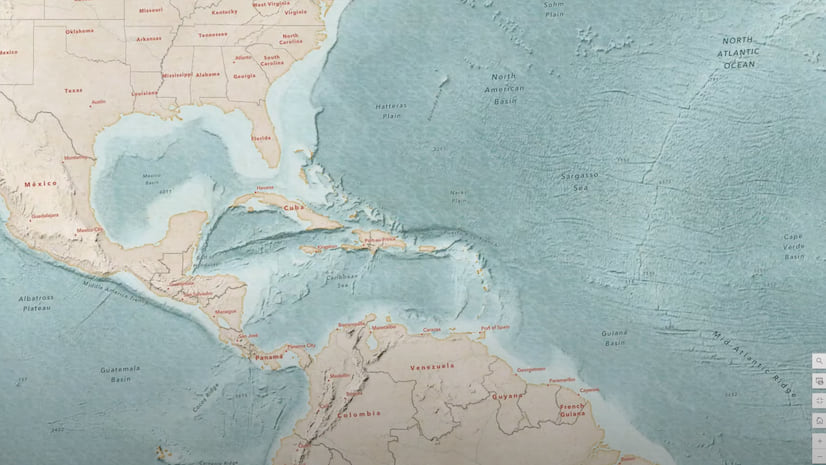 A textured map of the United States and South America