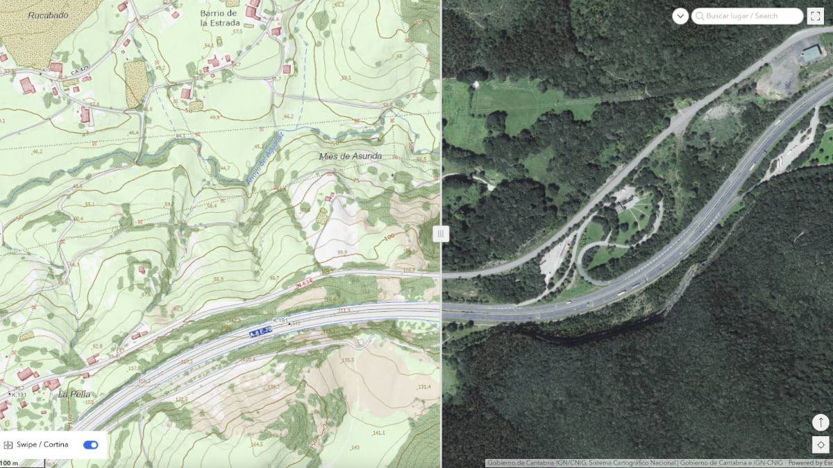 Split view showing topographic map with contours on left and high-resolution aerial imagery of forested highway area on right
