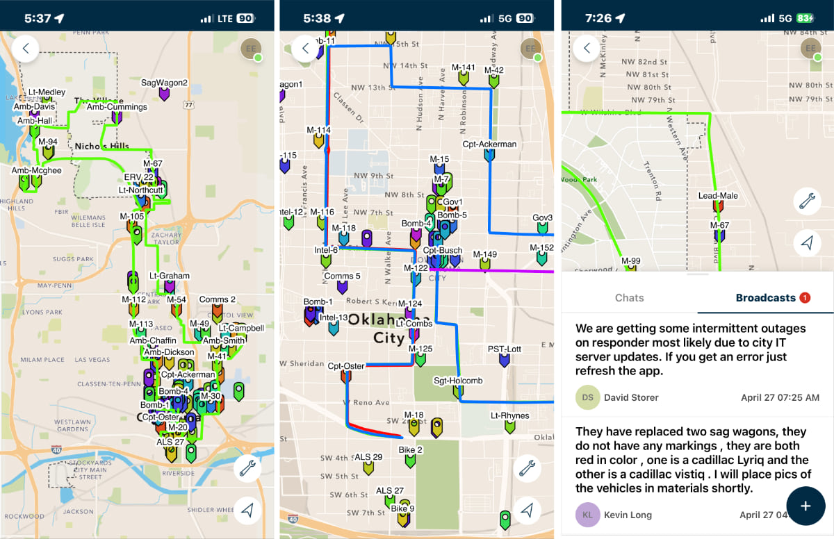 Three mobile phone screens displaying ArcGIS Mission maps with officer location markers and chat interface for event coordination.