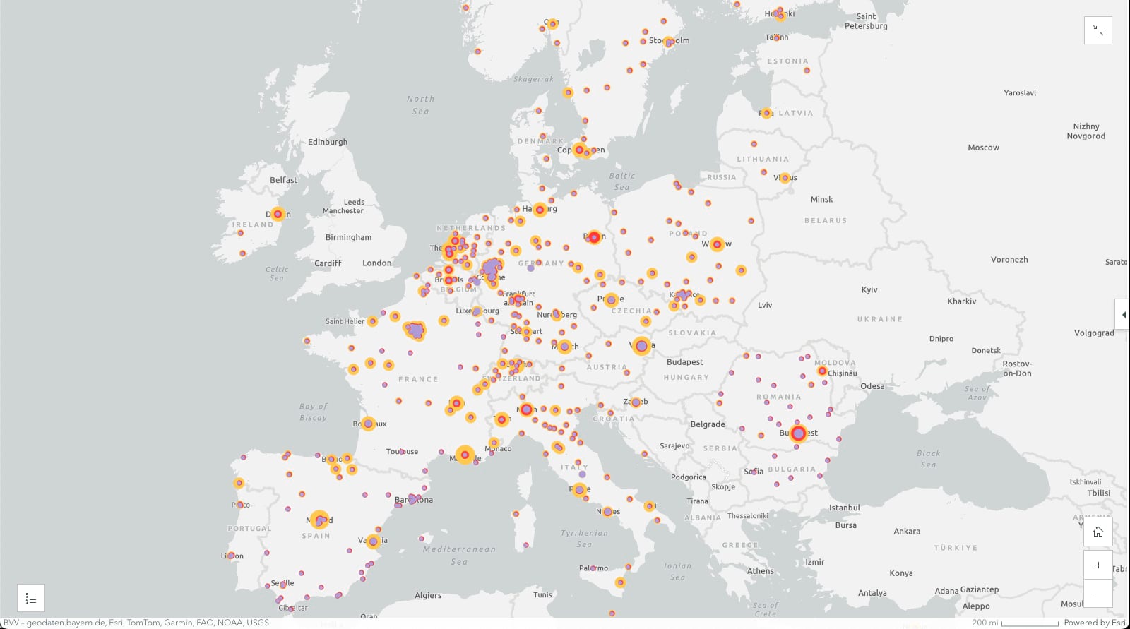 This map shows the numbers of people exposed to road traffic noise levels above this threshold, as reported by EEA countries.