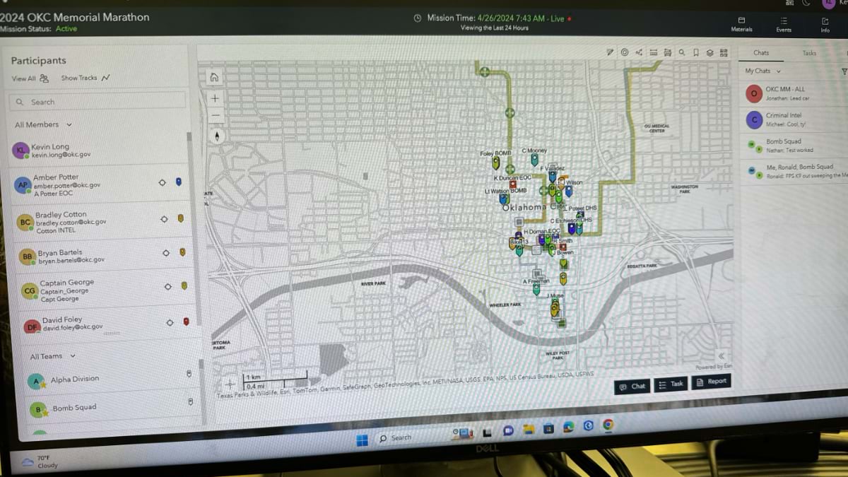 Computer screen showing ArcGIS Mission map with participant list and location markers for Oklahoma City Memorial Marathon coordination