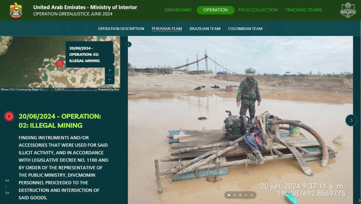 Computer interface displaying field photo of military officer standing beside confiscated mining raft with metal framework and blue flotation devices, timestamped June 20, 2024 at 9:37 AM with GPS coordinates.