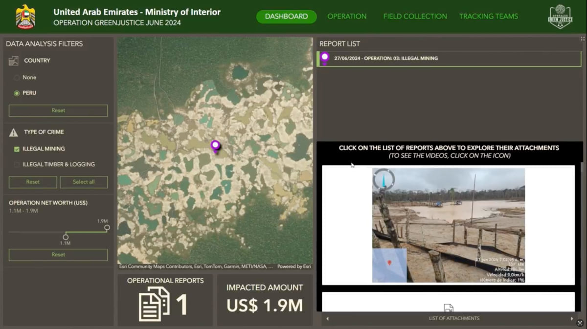 Computer interface showing aerial view of illegal mining site with brown sediment pools, displaying operation reports worth $1.9M and embedded field video of mining equipment at coordinates in Peru.