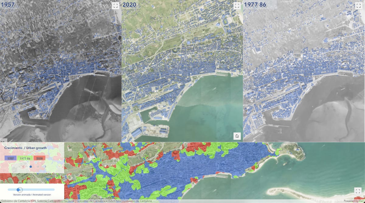 Three-panel comparison of coastal development from 1957, 1977, and 2020, showing AI-mapped building growth over time