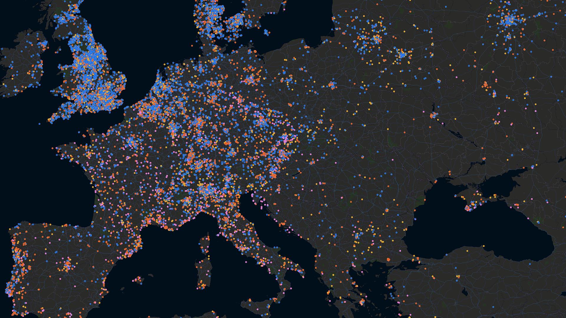 A map of Europe with colorful dots represents an innovation network