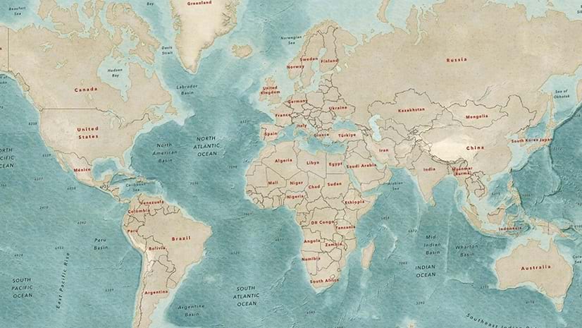 A map of the world with country names in red, land in beige, and water in blue