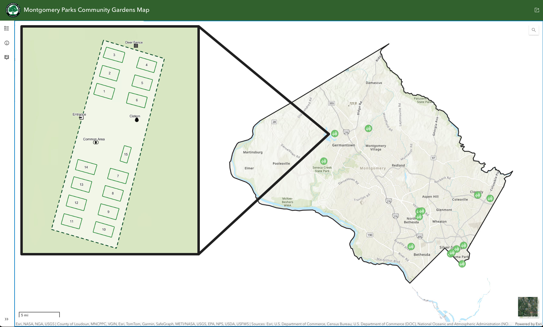 Map of Montgomery County, Maryland showing green markers for 13 community gardens, with detailed inset of numbered garden plots and shared spaces.