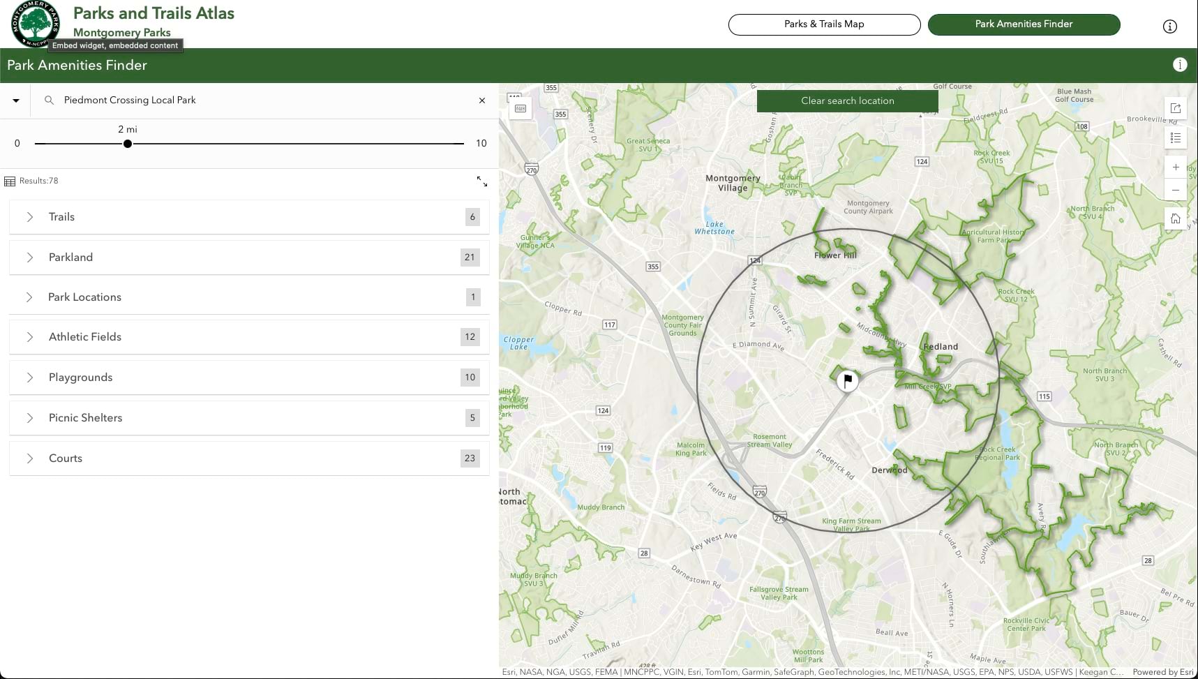 Screenshot of Park Amenities Finder with address search, amenity filters, and a map showing parks and features near the user